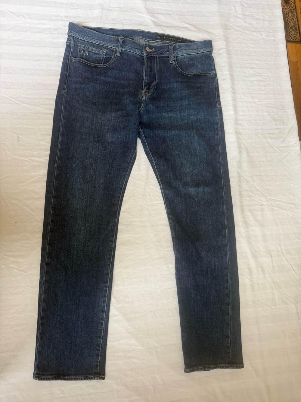 Armani Exchange Slim Jeans in Dark Blue with Black Leather Patch Size 36x30 - Picture 1 of 12